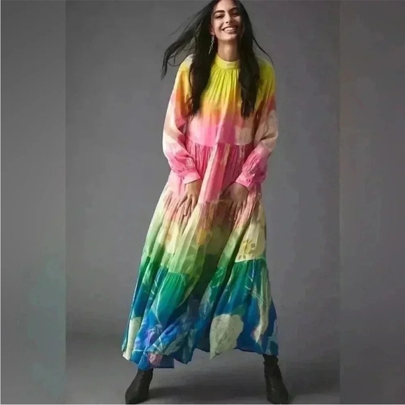 Anthropologie Siddhartha Bansal Dress Neck-Tie Maxi in Watercolor Floral - Picture 3 of 9